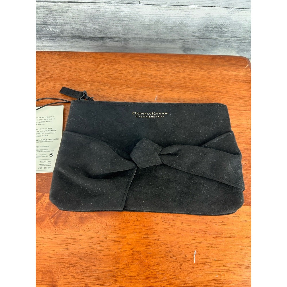 NWT Donna Karan Cashmere Mist Cosmetic Case Makeup Bag Black Bow
